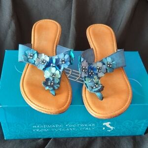 Italian Shoemakers Floral Blue Giggle  Handmade Sandals Women's Size 8.5